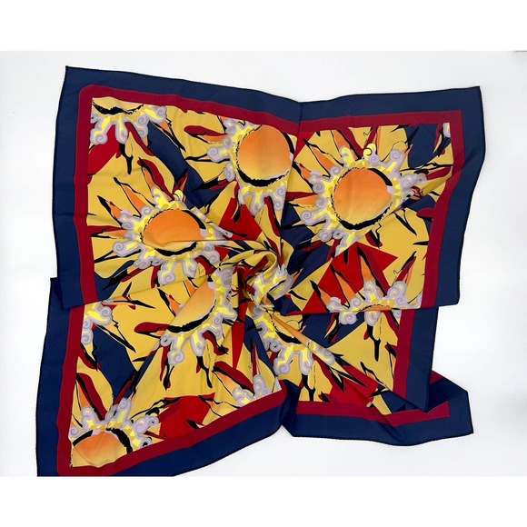 Vintage Handrolled Scarf with Navy Border and Sunburst Pattern - Picture 5 of 6